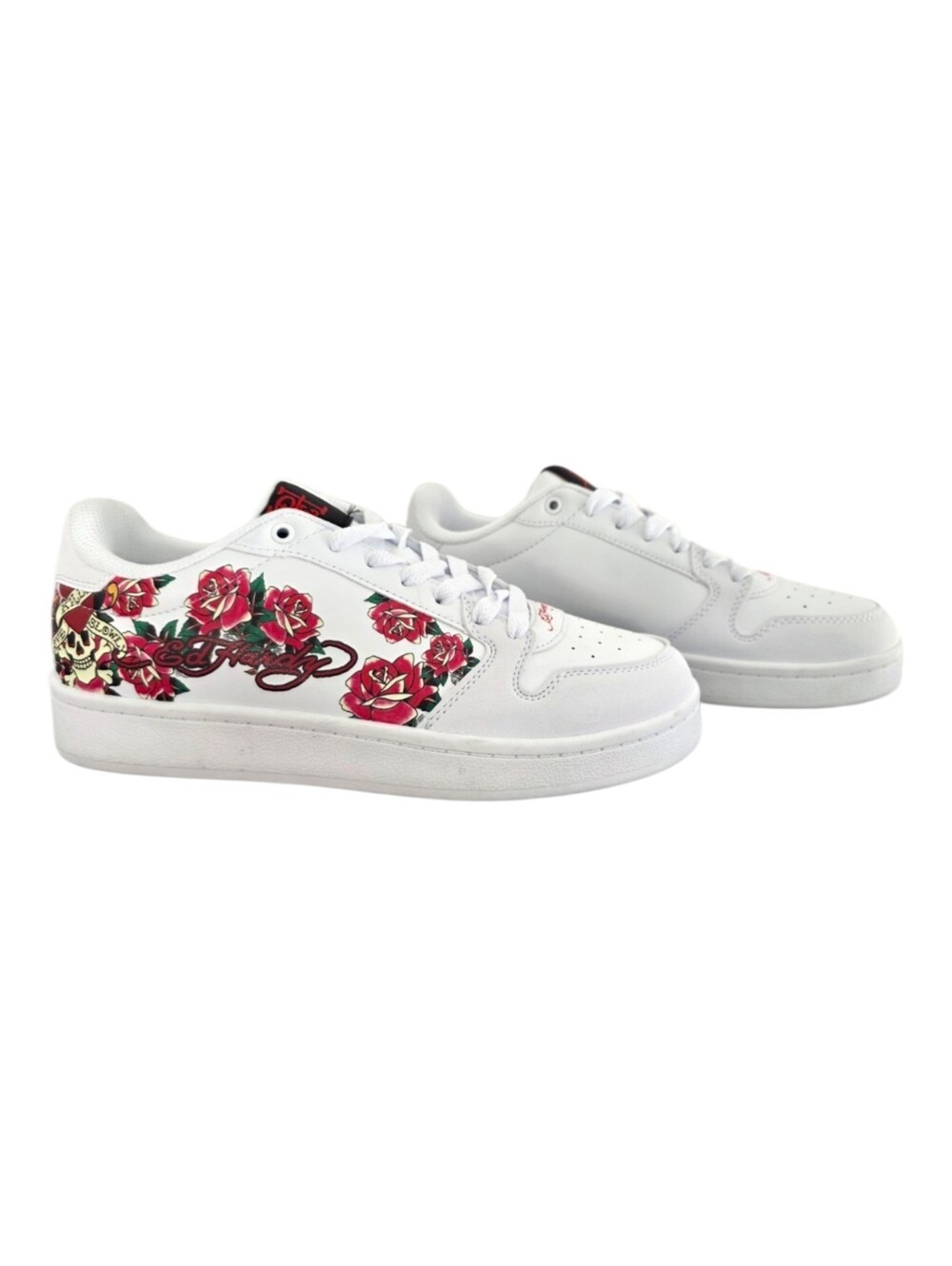 Ed Hardy Low Top White Sneaker Love Kills Slowly logo Red Roses Size 10
